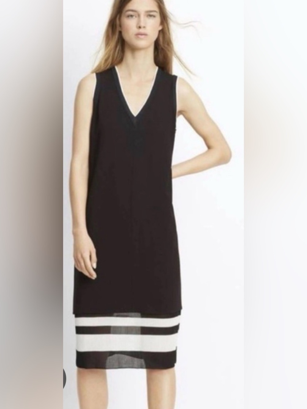 Vince Black and White Sleeveless V-Neck Knit Dress
